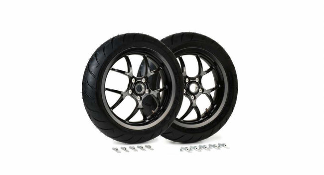 Complete Wheel Set (front+rear incl. mounting kit) BGM PRO SPORT 13-inch Gloss Black | DUNLOP ScootSmart 130+140/60-13 | Vespa GTS, GTS Super, GTV, Sei Giorni, GT 60, GT, GT L 125-300cc BGM  Falan Parts